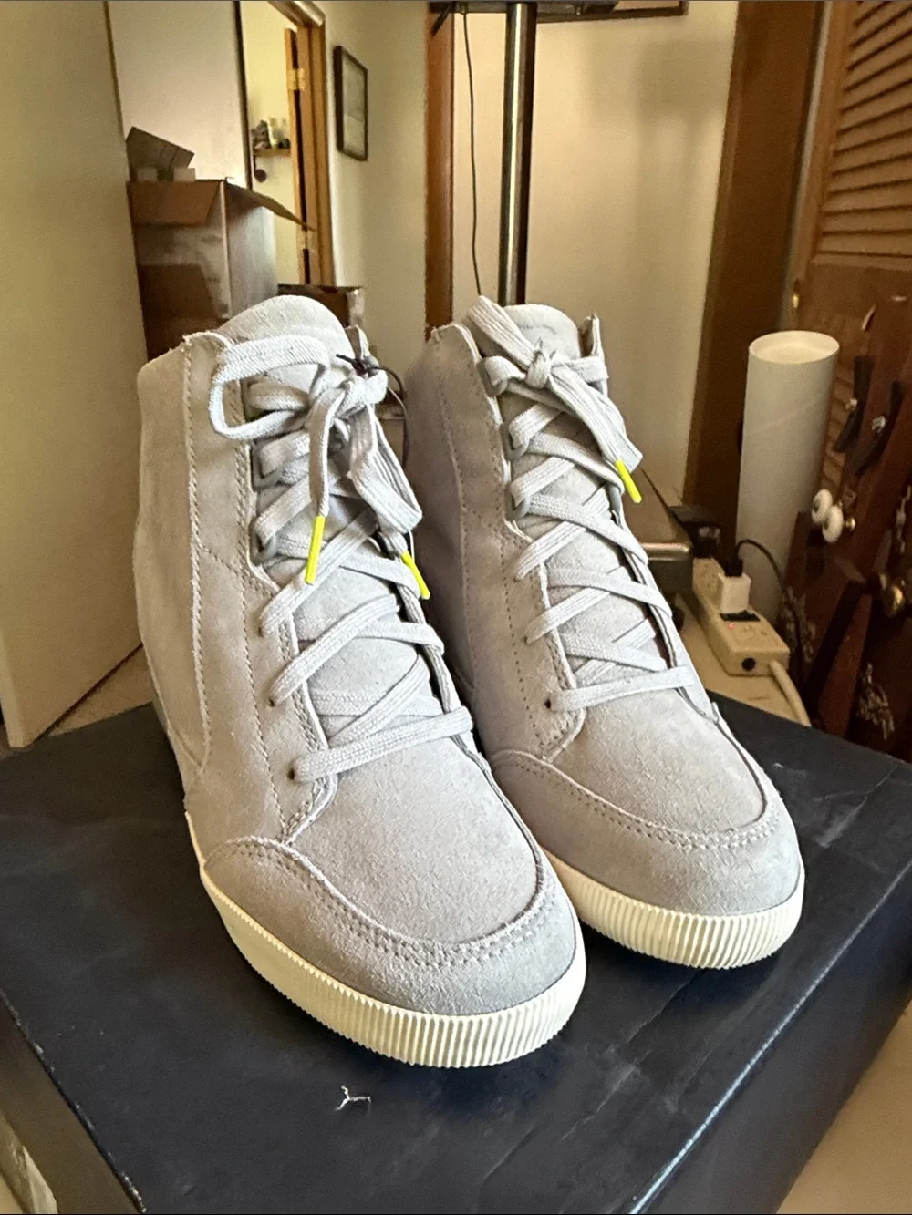 Sorel Out N About Light Gray Suede High-Top Wedge Boots
